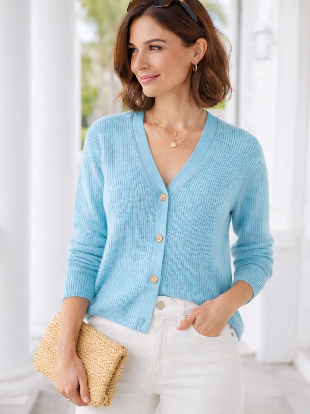 J. McLaughlin 100% Cashmere Rib-Knit Cardigan Light Blue V-Neck Size S